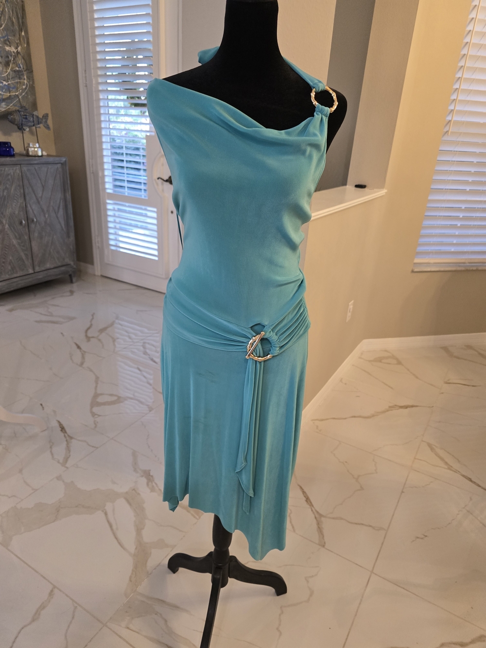 Cache Teal One-Shoulder Dress with Gold Ring Accents